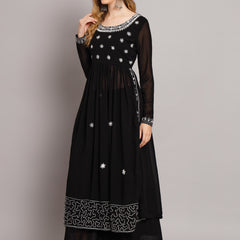 Poshak Hub Women Black georgette Aari work A-Line Kurta with Sharara