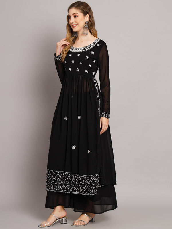 Poshak Hub Women Black georgette Aari work A-Line Kurta with Sharara