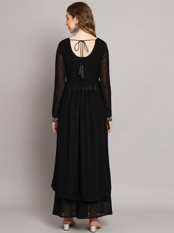 Poshak Hub Women Black georgette Aari work A-Line Kurta with Sharara