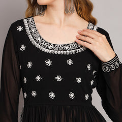 Poshak Hub Women Black georgette Aari work A-Line Kurta with Sharara