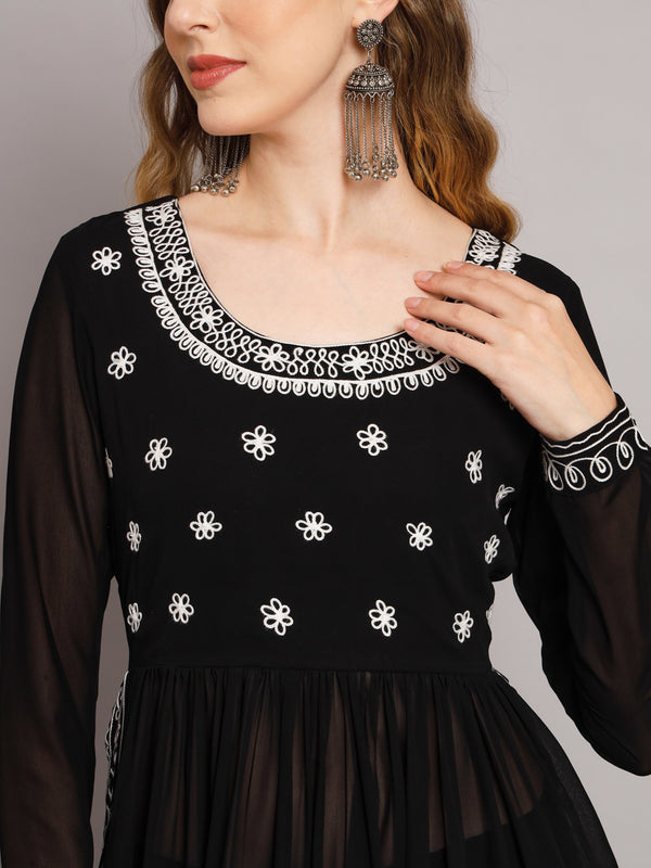 Poshak Hub Women Black georgette Aari work A-Line Kurta with Sharara