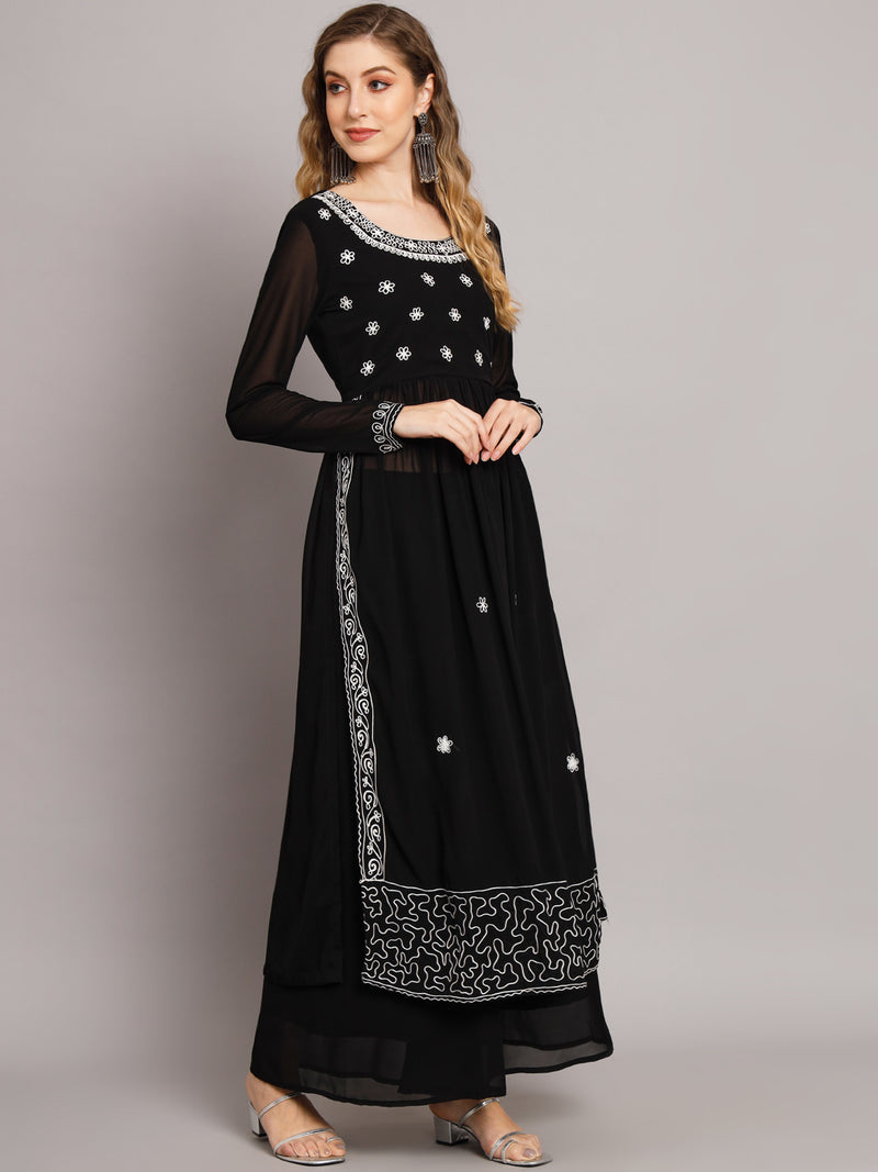 Poshak Hub Women Black georgette Aari work A-Line Kurta with Sharara
