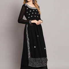 Poshak Hub Women Black georgette Aari work A-Line Kurta with Sharara