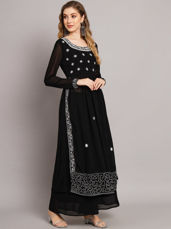 Poshak Hub Women Black georgette Aari work A-Line Kurta with Sharara