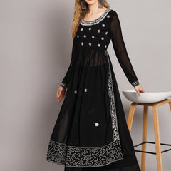Poshak Hub Women Black georgette Aari work A-Line Kurta with Sharara