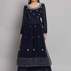 Poshak Hub Women Blue georgette Aari work A-Line Kurta with Sharara