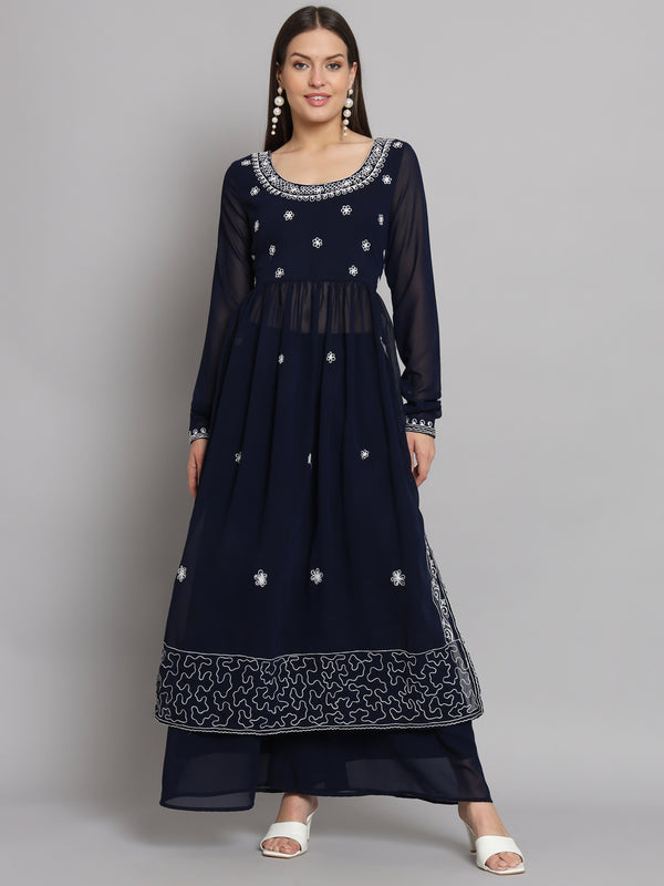 Poshak Hub Women Blue georgette Aari work A-Line Kurta with Sharara