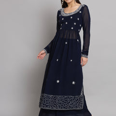 Poshak Hub Women Blue georgette Aari work A-Line Kurta with Sharara
