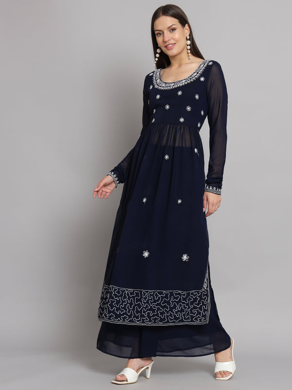 Poshak Hub Women Blue georgette Aari work A-Line Kurta with Sharara