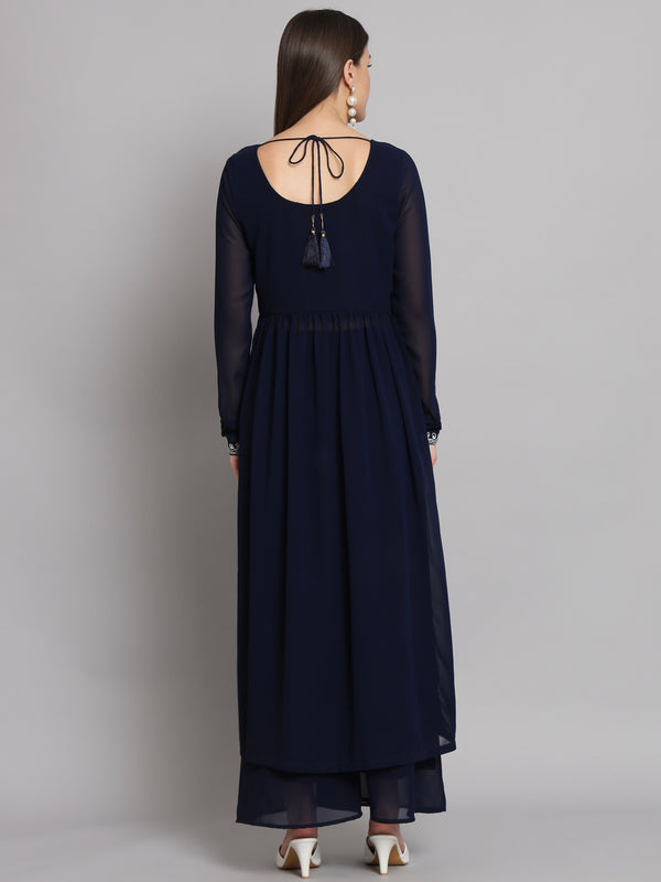 Poshak Hub Women Blue georgette Aari work A-Line Kurta with Sharara