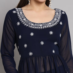 Poshak Hub Women Blue georgette Aari work A-Line Kurta with Sharara