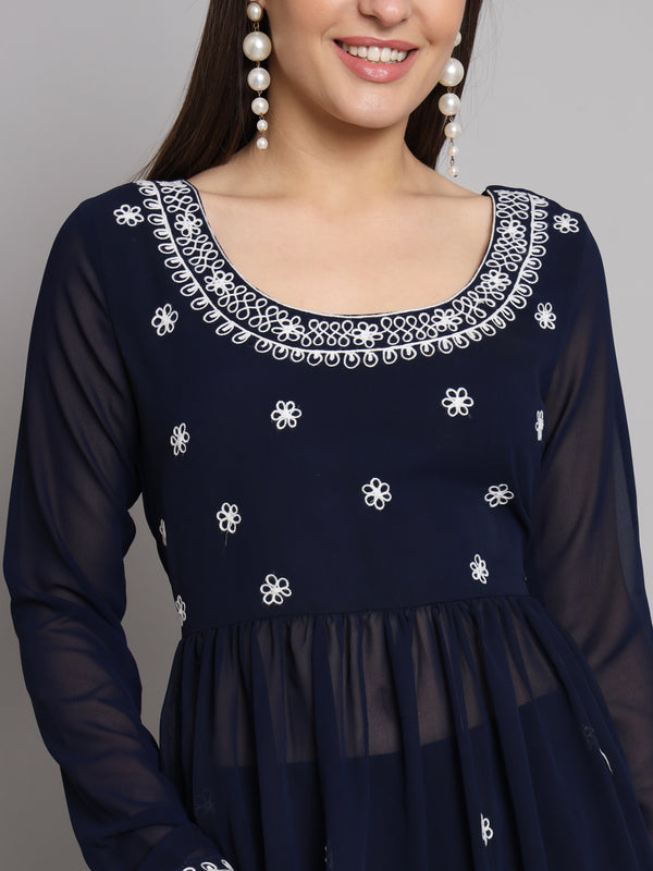 Poshak Hub Women Blue georgette Aari work A-Line Kurta with Sharara