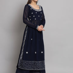 Poshak Hub Women Blue georgette Aari work A-Line Kurta with Sharara