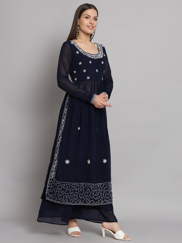 Poshak Hub Women Blue georgette Aari work A-Line Kurta with Sharara