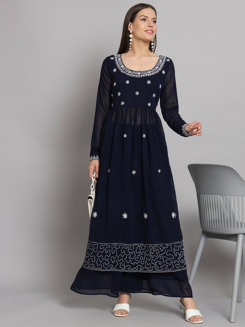 Poshak Hub Women Blue georgette Aari work A-Line Kurta with Sharara