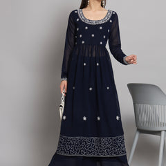 Poshak Hub Women Blue georgette Aari work A-Line Kurta with Sharara