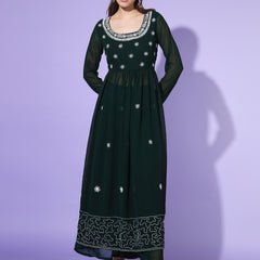 Poshak Hub Women Green georgette Aari work A-Line Kurta with Sharara