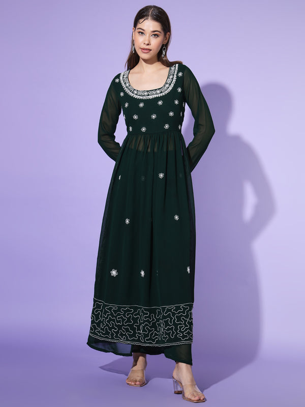 Poshak Hub Women Green georgette Aari work A-Line Kurta with Sharara