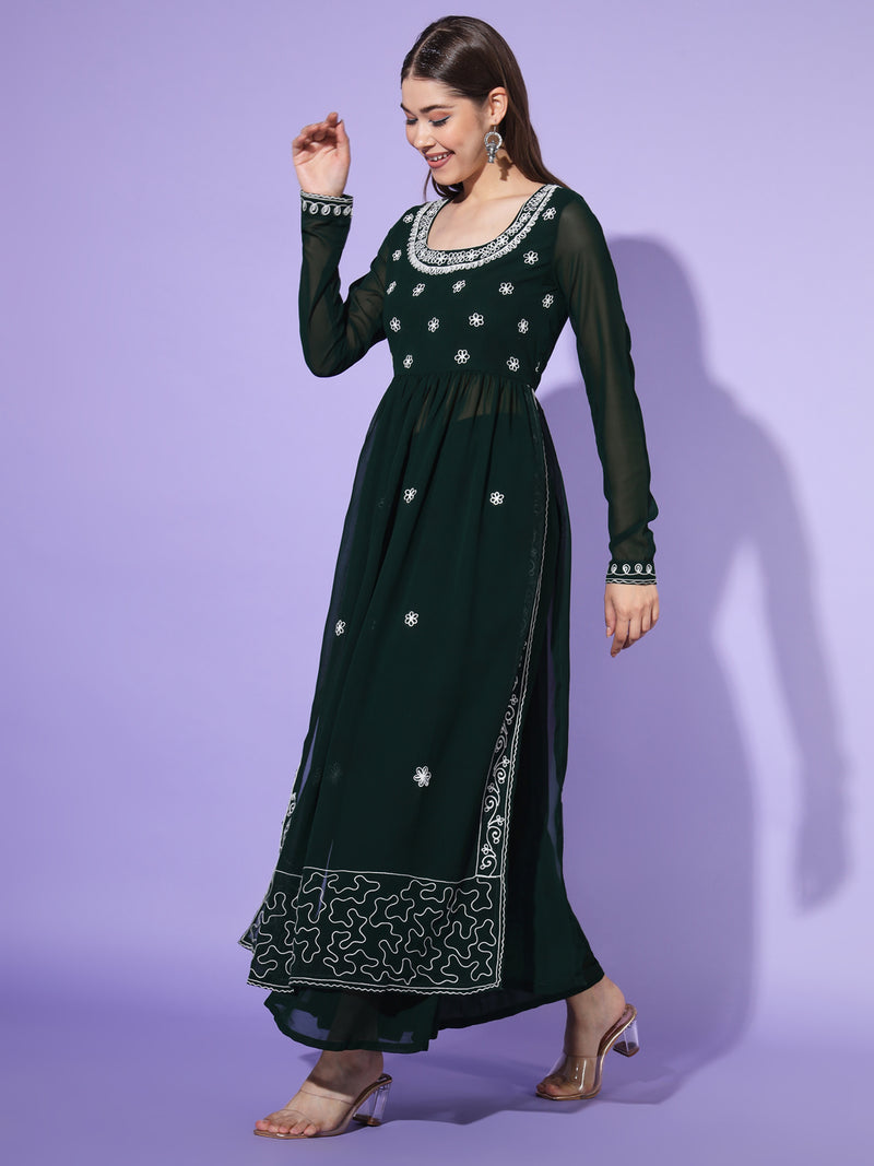 Poshak Hub Women Green georgette Aari work A-Line Kurta with Sharara