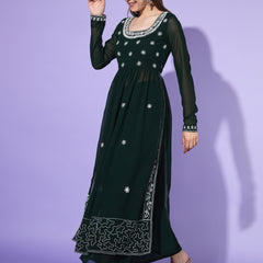 Poshak Hub Women Green georgette Aari work A-Line Kurta with Sharara