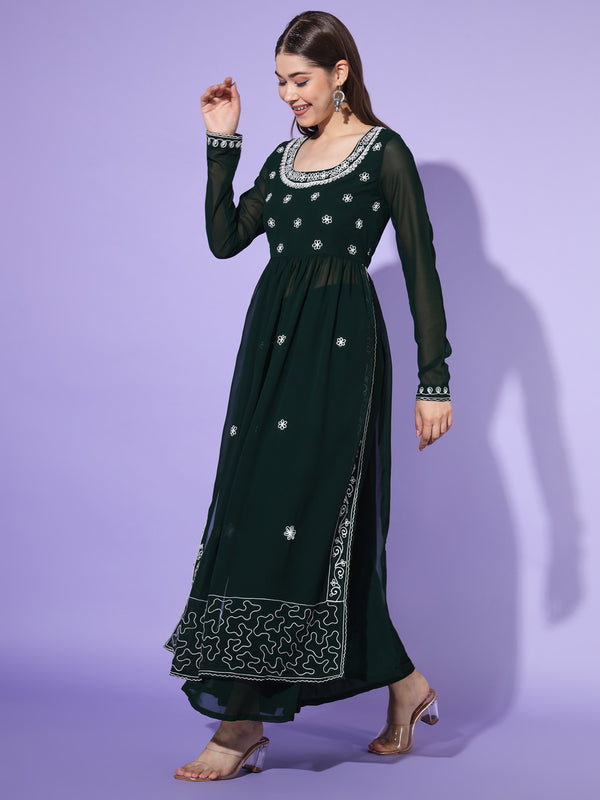 Poshak Hub Women Green georgette Aari work A-Line Kurta with Sharara