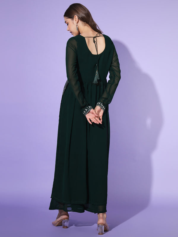 Poshak Hub Women Green georgette Aari work A-Line Kurta with Sharara