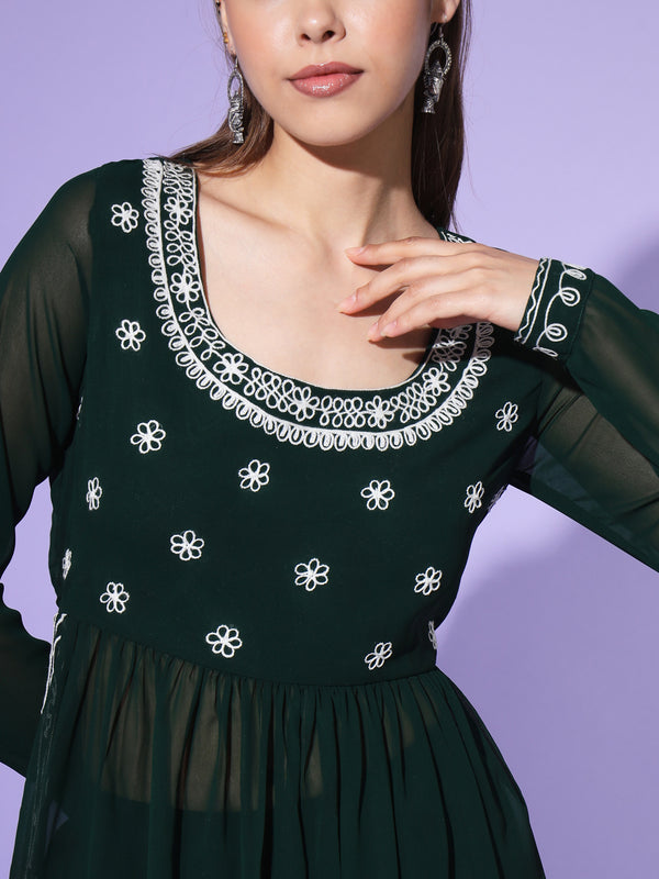 Poshak Hub Women Green georgette Aari work A-Line Kurta with Sharara