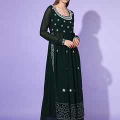 Poshak Hub Women Green georgette Aari work A-Line Kurta with Sharara