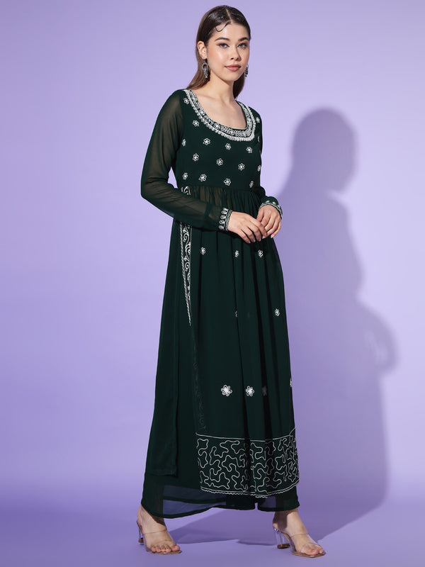 Poshak Hub Women Green georgette Aari work A-Line Kurta with Sharara