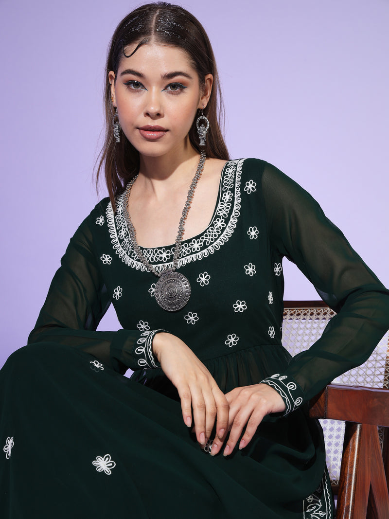 Poshak Hub Women Green georgette Aari work A-Line Kurta with Sharara
