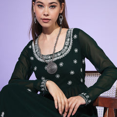 Poshak Hub Women Green georgette Aari work A-Line Kurta with Sharara