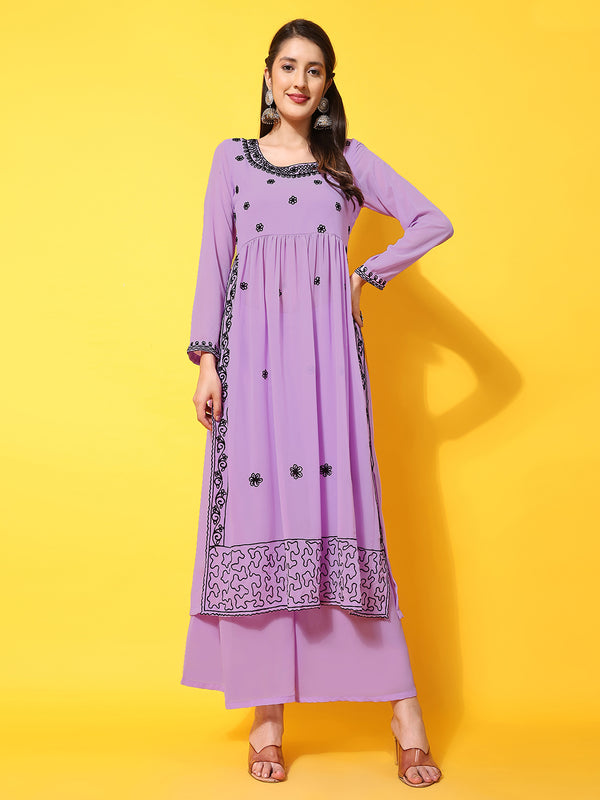 Poshak Hub Women Lavender georgette Aari work A-Line Kurta with Sharara