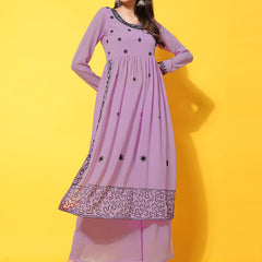 Poshak Hub Women Lavender georgette Aari work A-Line Kurta with Sharara