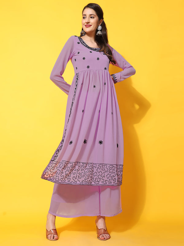Poshak Hub Women Lavender georgette Aari work A-Line Kurta with Sharara