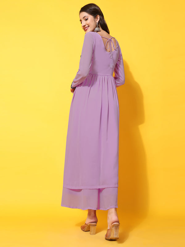 Poshak Hub Women Lavender georgette Aari work A-Line Kurta with Sharara