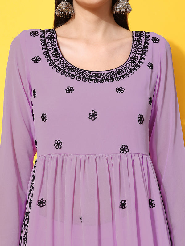 Poshak Hub Women Lavender georgette Aari work A-Line Kurta with Sharara