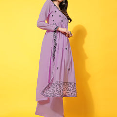 Poshak Hub Women Lavender georgette Aari work A-Line Kurta with Sharara