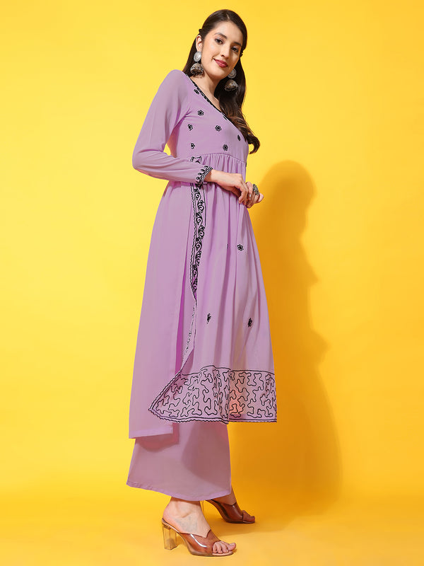 Poshak Hub Women Lavender georgette Aari work A-Line Kurta with Sharara
