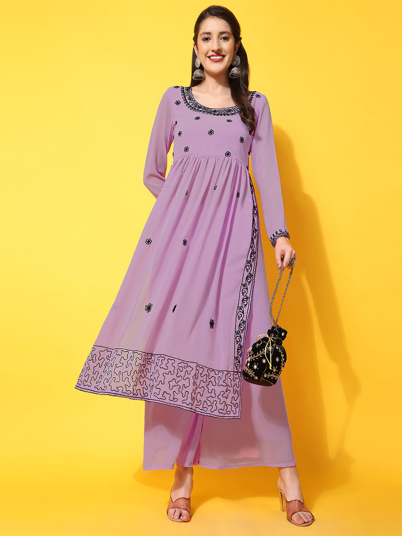 Poshak Hub Women Lavender georgette Aari work A-Line Kurta with Sharara