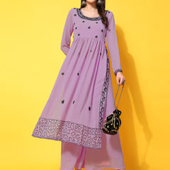 Poshak Hub Women Lavender georgette Aari work A-Line Kurta with Sharara