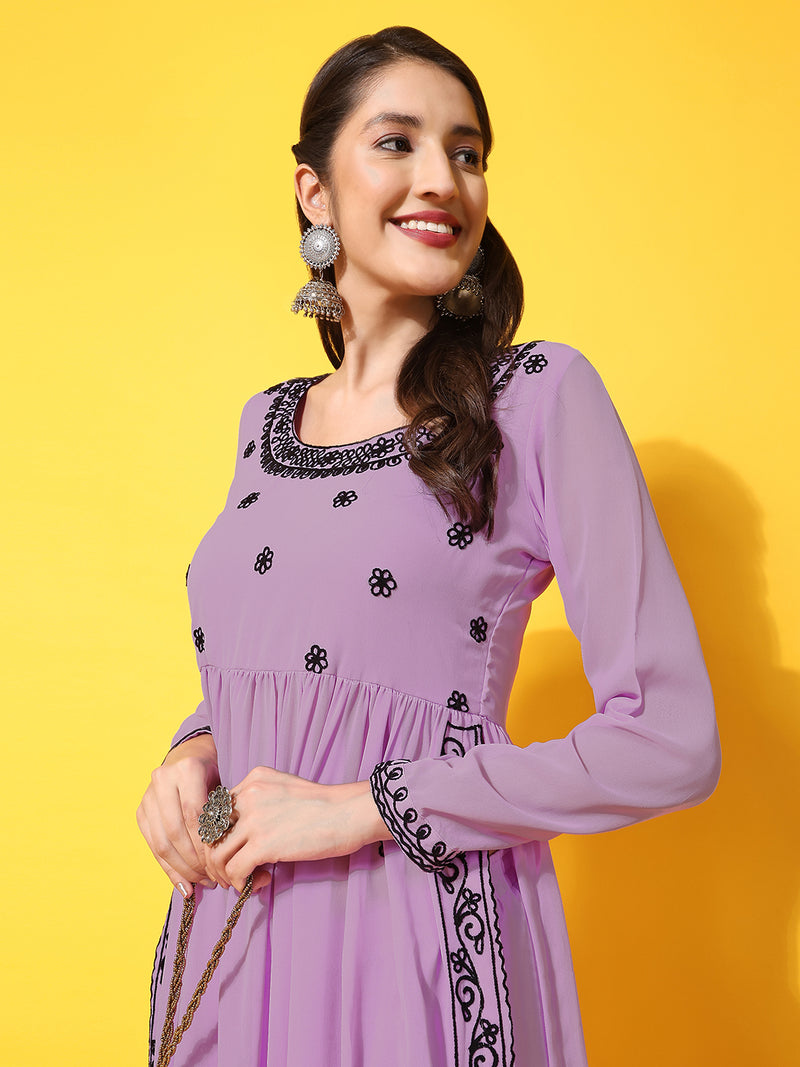 Poshak Hub Women Lavender georgette Aari work A-Line Kurta with Sharara