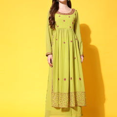 Poshak Hub Women Lime-Green georgette Aari work A-Line Kurta with Sharara
