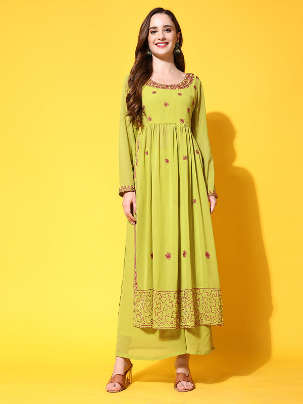Poshak Hub Women Lime-Green georgette Aari work A-Line Kurta with Sharara