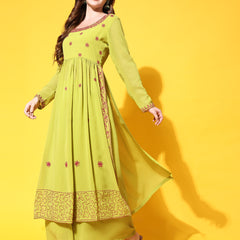 Poshak Hub Women Lime-Green georgette Aari work A-Line Kurta with Sharara
