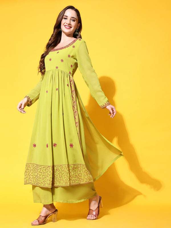 Poshak Hub Women Lime-Green georgette Aari work A-Line Kurta with Sharara