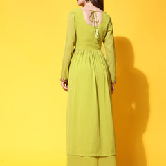 Poshak Hub Women Lime-Green georgette Aari work A-Line Kurta with Sharara