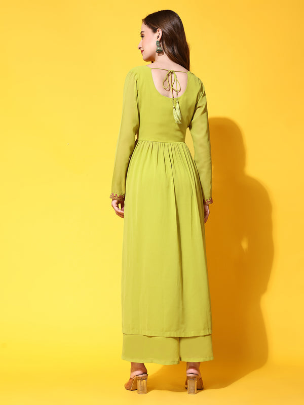Poshak Hub Women Lime-Green georgette Aari work A-Line Kurta with Sharara