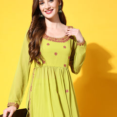 Poshak Hub Women Lime-Green georgette Aari work A-Line Kurta with Sharara