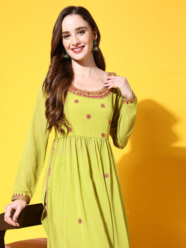 Poshak Hub Women Lime-Green georgette Aari work A-Line Kurta with Sharara