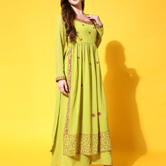Poshak Hub Women Lime-Green georgette Aari work A-Line Kurta with Sharara